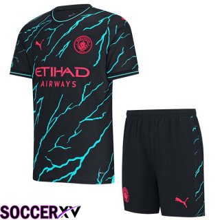 Manchester City Kids Third Soccer Jersey Blue Black 2023/2024