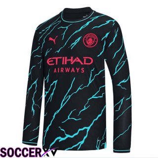 Manchester City Third Soccer Jersey Long sleeve Blue Black 2023/2024