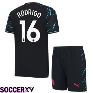 Manchester City (Rodrigo 16) Kids Third Soccer Jersey Blue Black 2023/2024