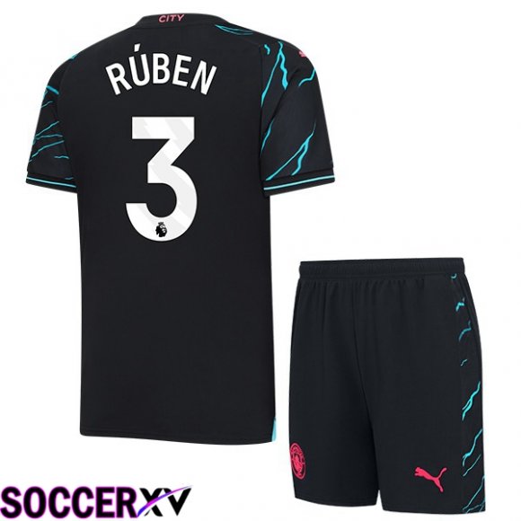 Manchester City (Ruben Dias 3) Kids Third Soccer Jersey Blue Black 2023/2024