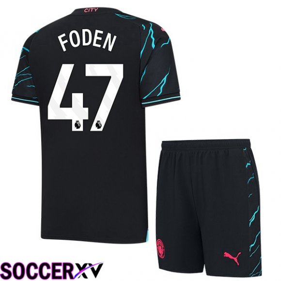 Manchester City (Phil Foden 47) Kids Third Soccer Jersey Blue Black 2023/2024