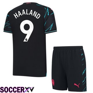 Manchester City (Erling Haaland 9) Kids Third Soccer Jersey Blue Black 2023/2024