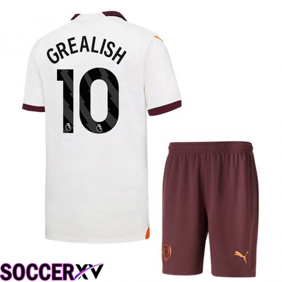 Manchester City (Jack Grealish 10) Kids Away Soccer Jersey White 2023/2024