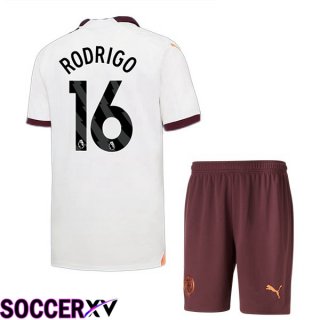 Manchester City (Rodrigo 16) Kids Away Soccer Jersey White 2023/2024