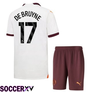 Manchester City (Kevin De Bruyne 17) Kids Away Soccer Jersey White 2023/2024