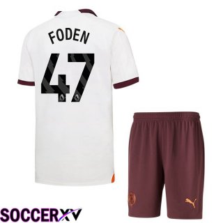 Manchester City (Phil Foden 47) Kids Away Soccer Jersey White 2023/2024