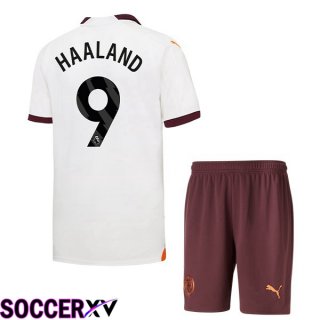 Manchester City (Erling Haaland 9) Kids Away Soccer Jersey White 2023/2024