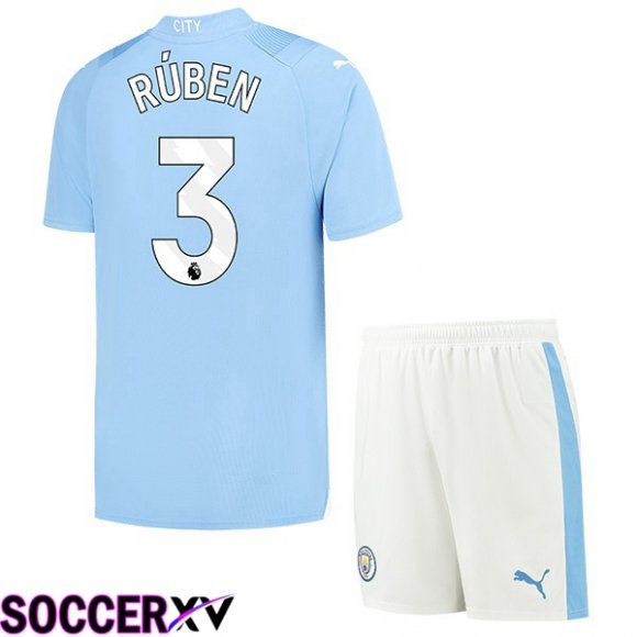 Manchester City (Ruben Dias 3) Kids Home Soccer Jersey Blue 2023/2024