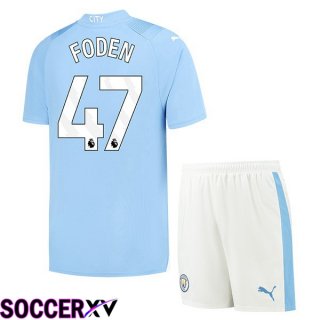 Manchester City (Phil Foden 47) Kids Home Soccer Jersey Blue 2023/2024