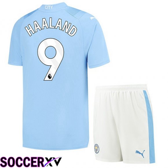 Manchester City (Erling Haaland 9) Kids Home Soccer Jersey Blue 2023/2024