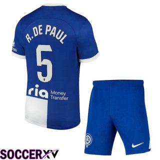 Atletico Madrid (R. De Paul 5) Kids Away Soccer Jersey Blue 2023/2024