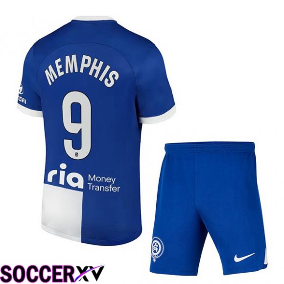 Atletico Madrid (Memphis 9) Kids Away Soccer Jersey Blue 2023/2024