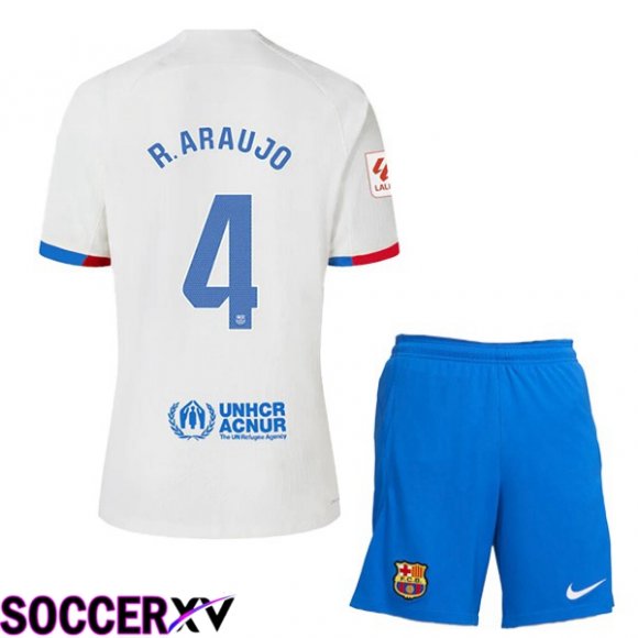 FC Barcelona (R. ARAUJO 4) Kids Away Soccer Jersey White 2023/2024