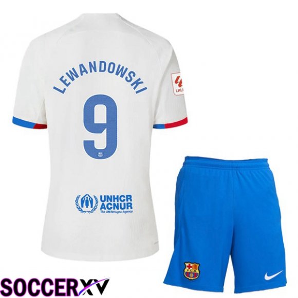 FC Barcelona (LEWANDOWSKI 9) Kids Away Soccer Jersey White 2023/2024