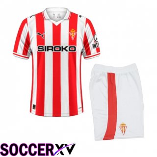 Sporting Gijon Kids Home Soccer Jersey Red White 2025/2026