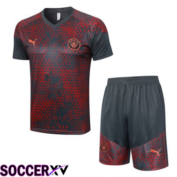 Manchester City Training T Shirt + Shorts Red Grey 2023/2024