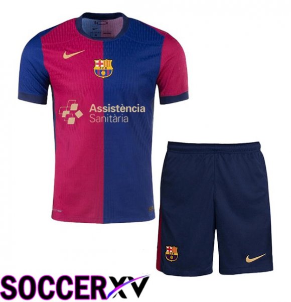 FC Barcelona Kids Home Soccer Jersey Assistència Sanitària Blue Red 2024/2025