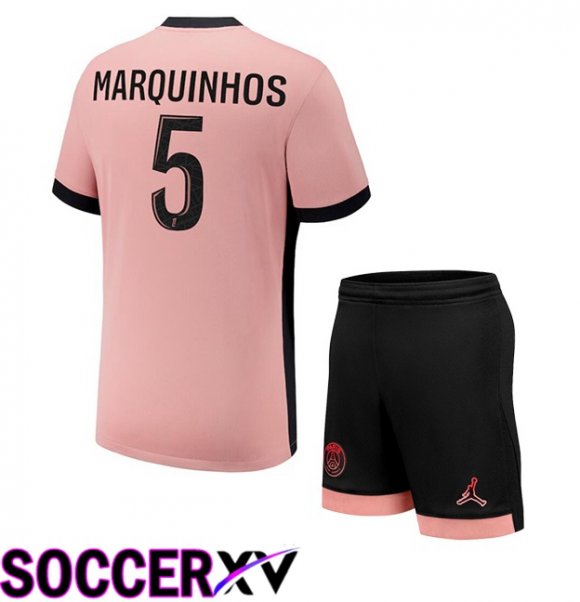 Paris PSG (Marquinhos 5) Kids Third Soccer Jersey Pink 2024/2025