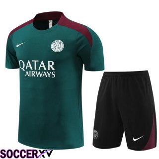 Paris PSG Training T Shirt + Shorts Green 2023/2024