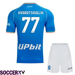 SSC Napoli (Khvicha Kvaratskhelia 77) Kids Soccer Jersey Home Blue 2023/2024