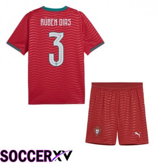 Portugal (Rúben Dias 3) Kids Home Soccer Jersey Red 2026/2027