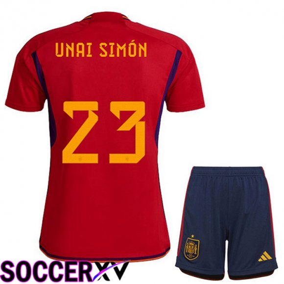 Spain (UNAI SIMÓN 23) Kids Home Jersey Red World Cup 2022