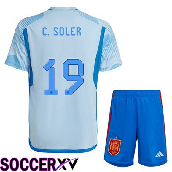 Spain (C. SOLER 19) Kids Away Jersey Blue White World Cup 2022