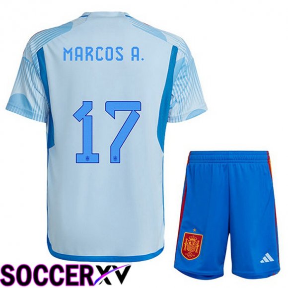 Spain (MARCOS A. 17) Kids Away Jersey Blue White World Cup 2022