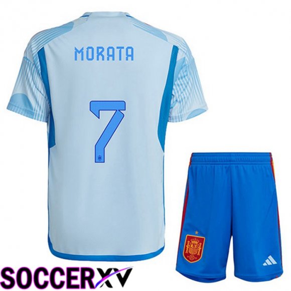 Spain (MORATA 7) Kids Away Jersey Blue White World Cup 2022