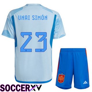 Spain (UNAI SIMÓN 23) Kids Away Jersey Blue White World Cup 2022