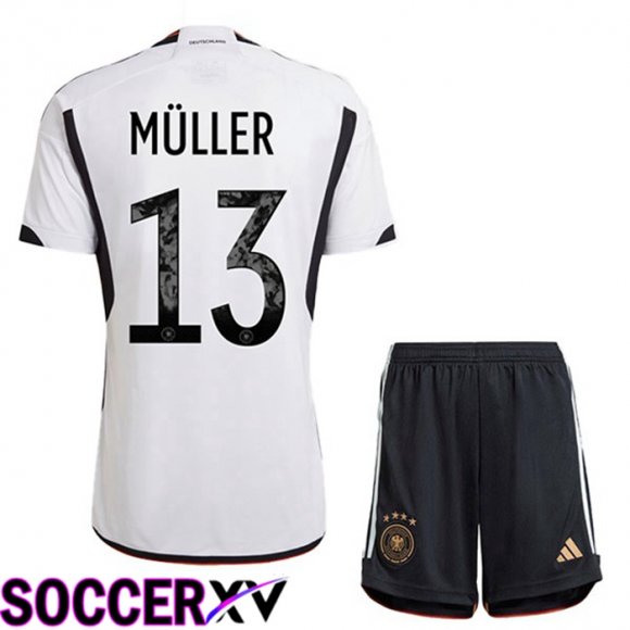 Germany (MÜLLER 13) Kids Home Jersey Black White World Cup 2022