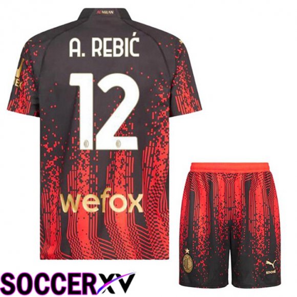 AC Milan (A. REBIĆ 12) Kids Soccer Jersey Fourth Red Black 2022/2023