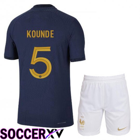 France (KOUNDE 5) Kids Home Jersey Royal Blue World Cup 2022