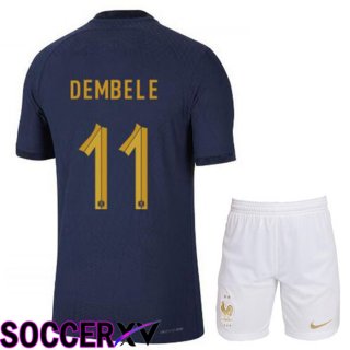 France (DEMBELE 11) Kids Home Jersey Royal Blue World Cup 2022