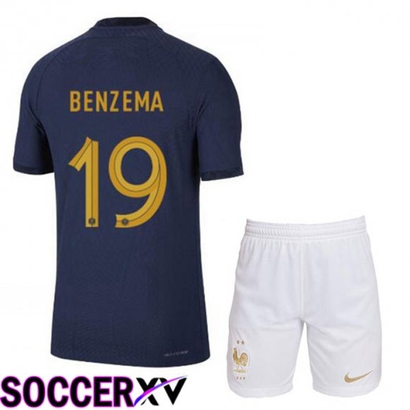 France (BENZEMA 19) Kids Home Jersey Royal Blue World Cup 2022