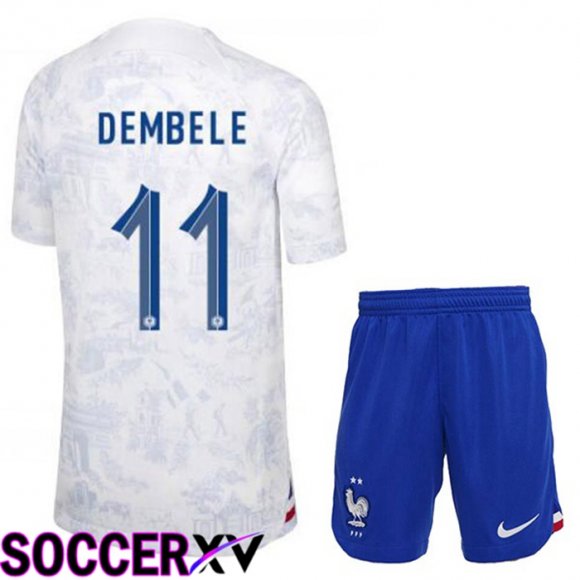 France (DEMBELE 11) Kids Away Jersey White World Cup 2022