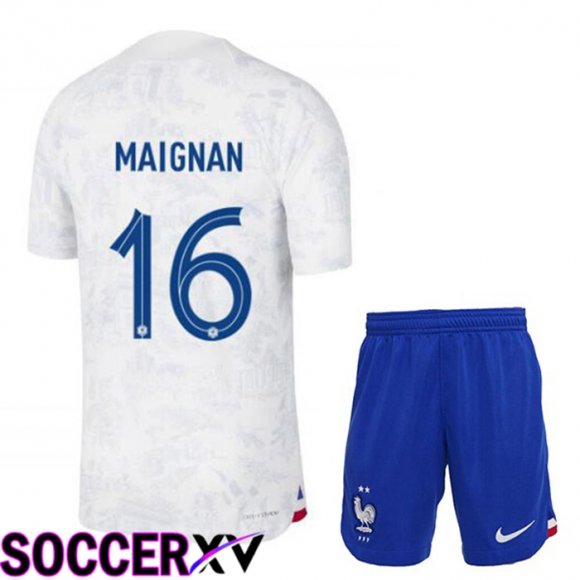 France (MAIGNAN 16) Kids Away Jersey White World Cup 2022