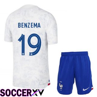 France (BENZEMA 19) Kids Away Jersey White World Cup 2022