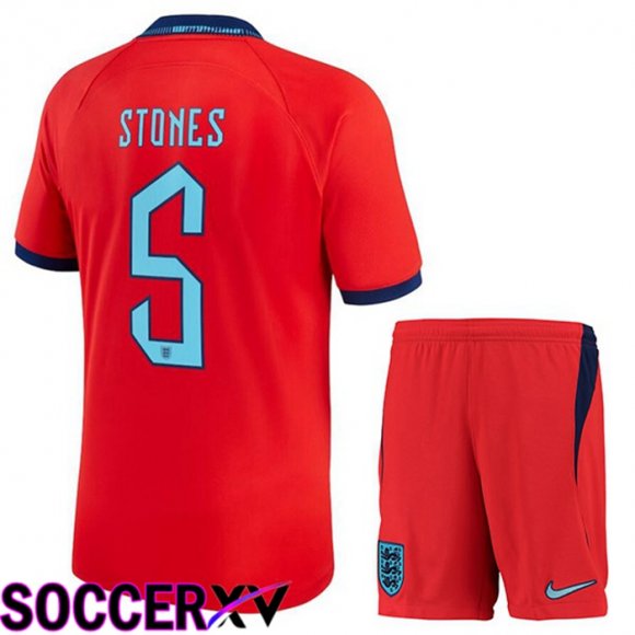 England (STONES 5) Kids Away Jersey Red World Cup 2022