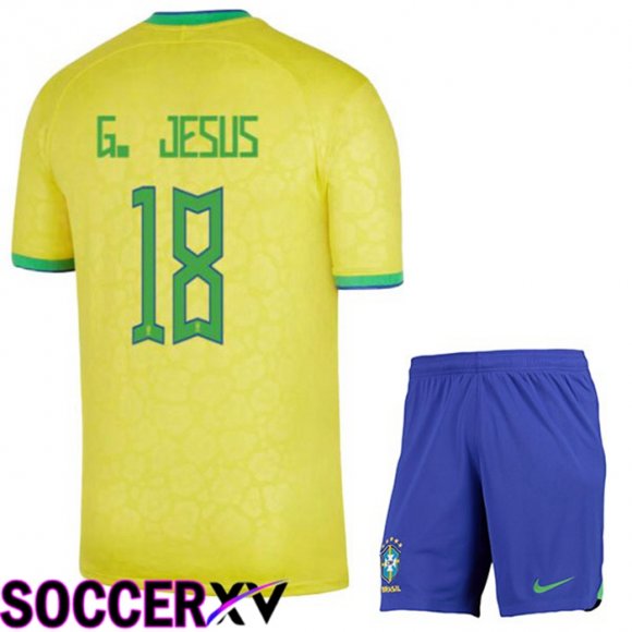 Brazil (G. JESUS 18) Kids Home Jersey Yellow World Cup 2022