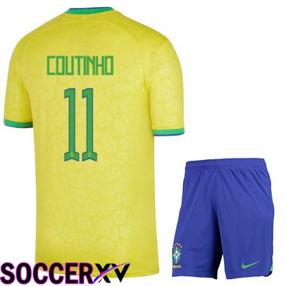 Brazil (COUTINHO 11) Kids Home Jersey Yellow World Cup 2022