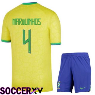 Brazil (MARQUINHOS 4) Kids Home Jersey Yellow World Cup 2022