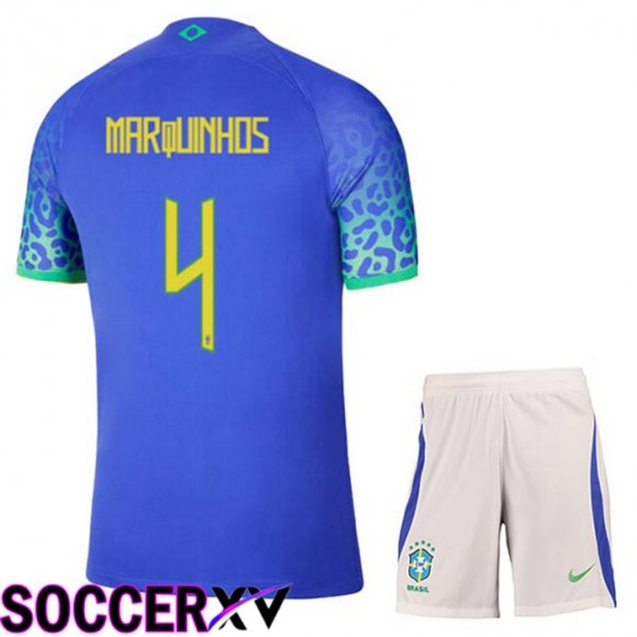 Brazil (MARQUINHOS 4) Kids Away Jersey Blue World Cup 2022